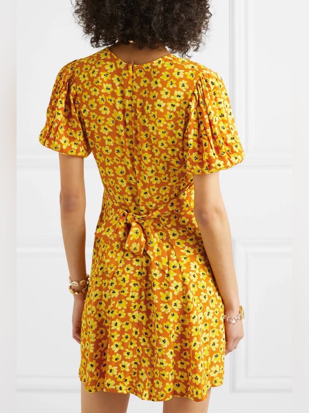 Faithfull the Brand “Ilia” Yellow Floral Mini Dress, Puffed Sleeves, Size 6 - Picture 2 of 14
